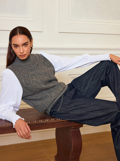Leg-Of-Mutton Sleeve Panel Cable-Knit Sweater