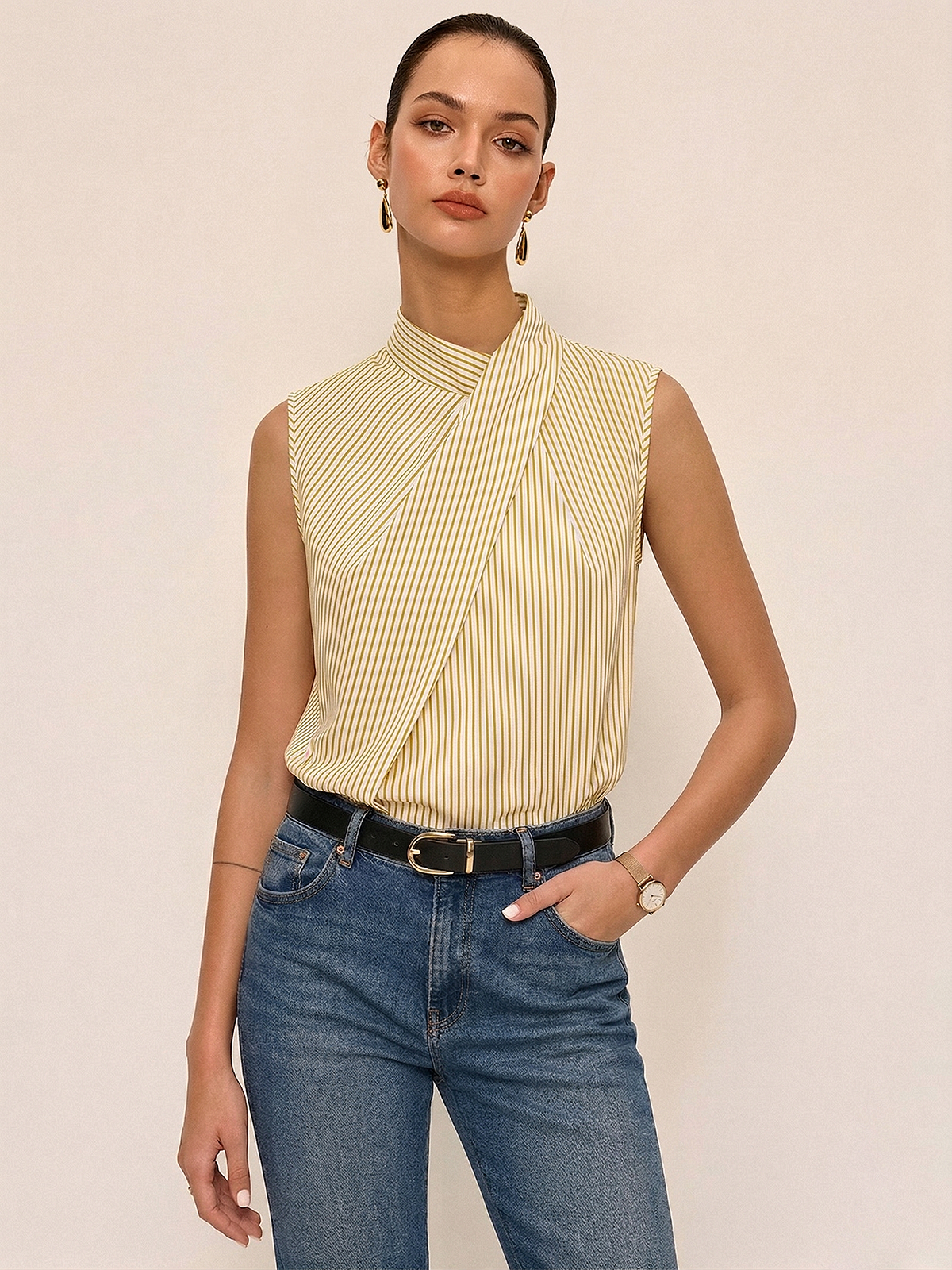 Sleeveless Striped High Neck Blouse