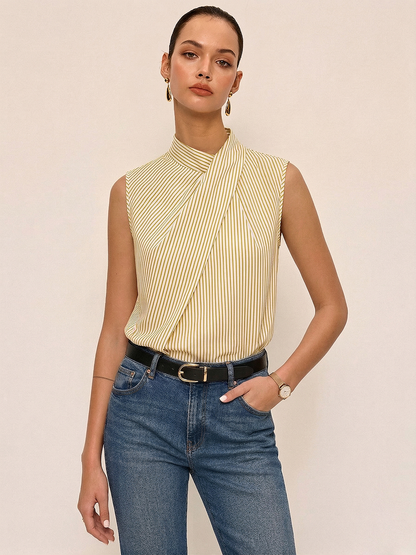 Sleeveless Striped High Neck Blouse