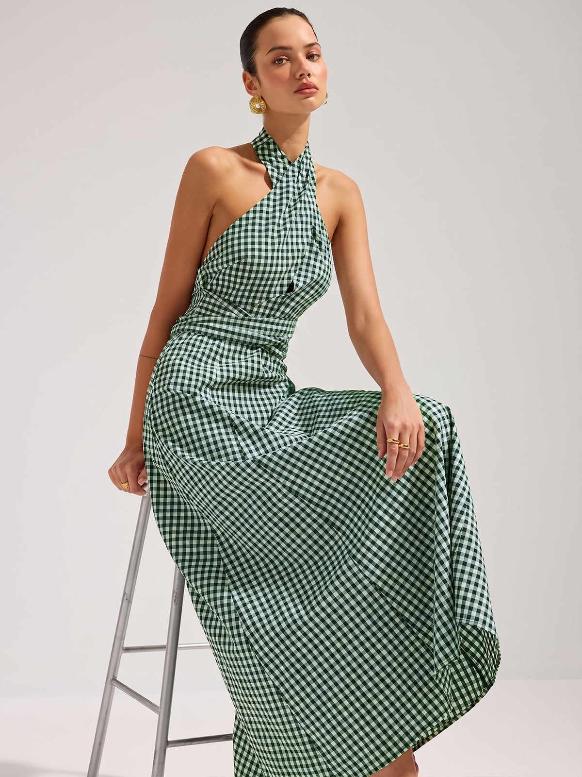 Gingham Halter Cotton Maxi Dress