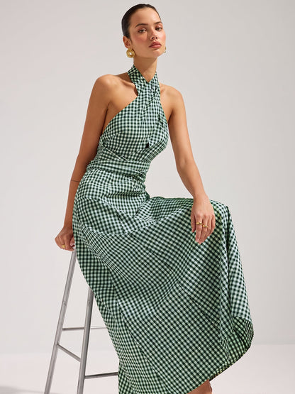 Gingham Halter Cotton Maxi Dress