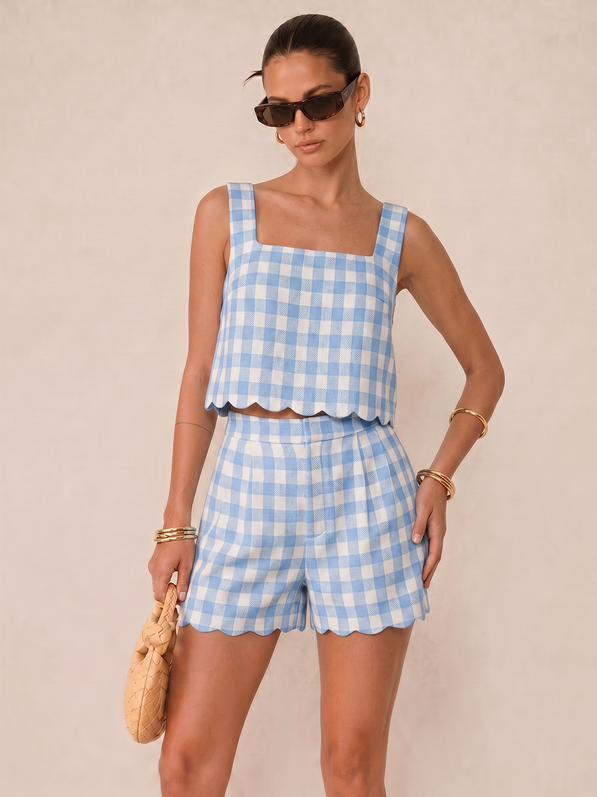 Gingham Scallop Hem Crop Top & Shorts Set