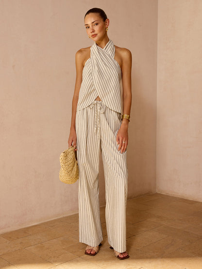 Striped Cotton Linen Halter Top & Pant Set