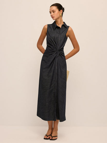 Denim Twist-Front Sleeveless Shirt Dress