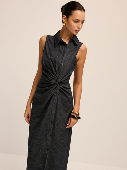 Denim Twist-Front Sleeveless Shirt Dress