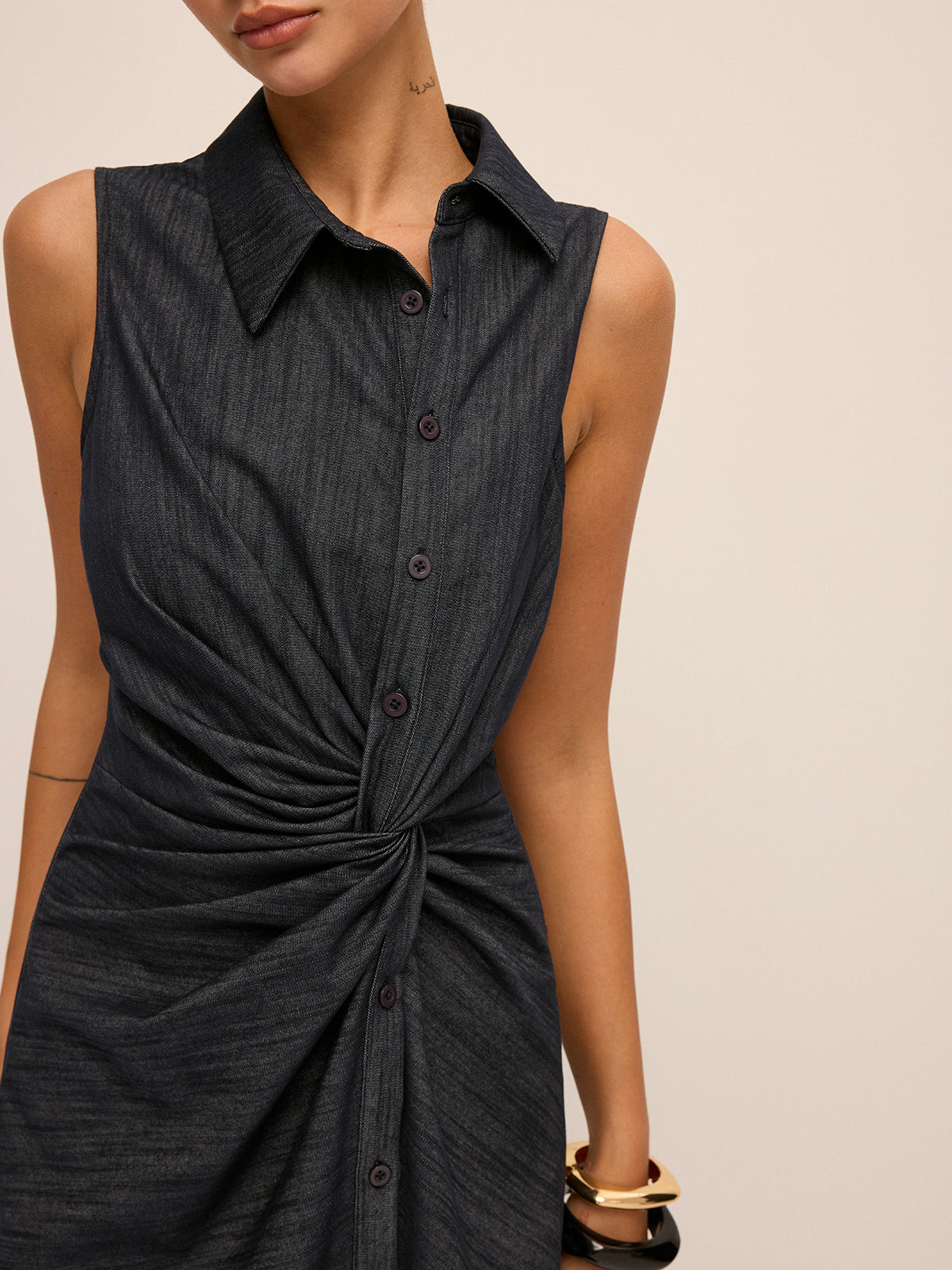 Denim Twist-Front Sleeveless Shirt Dress