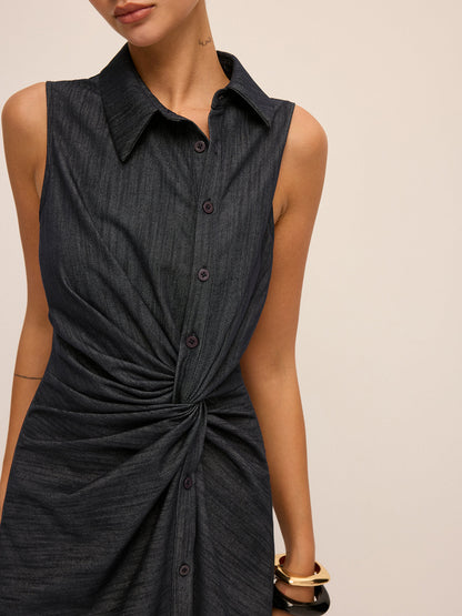 Denim Twist-Front Sleeveless Shirt Dress