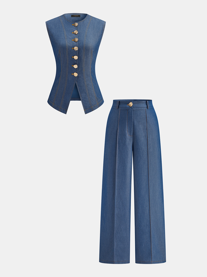 Metal Button Vest & Wide Leg Pants Set