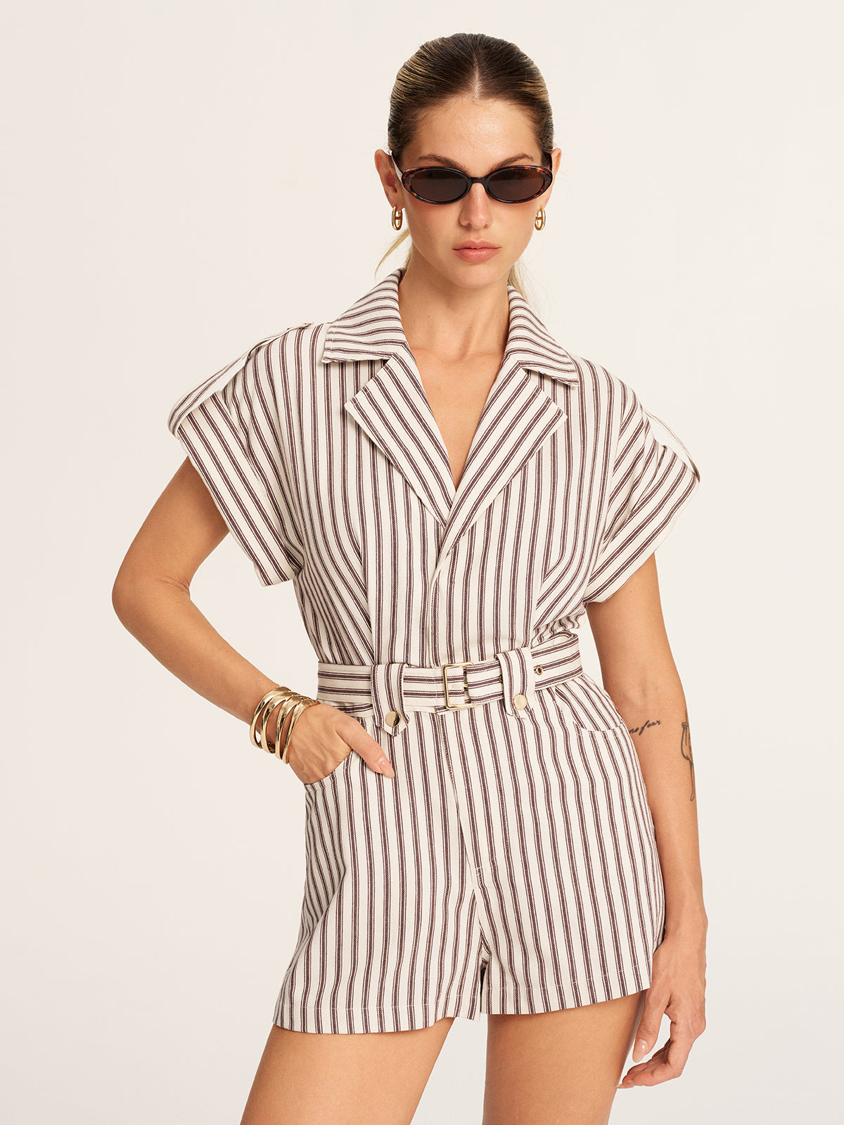 Cotton Striped Belted Lapel Romper