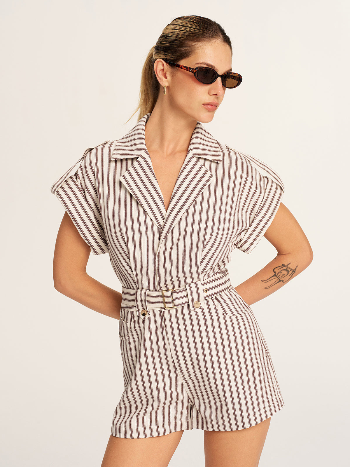 Cotton Striped Belted Lapel Romper