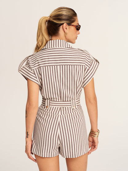 Cotton Striped Belted Lapel Romper