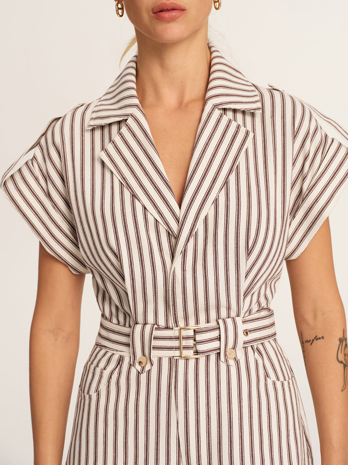 Cotton Striped Belted Lapel Romper