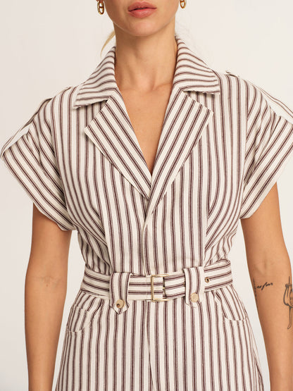 Cotton Striped Belted Lapel Romper