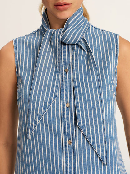 Striped Tie Neck Sleeveless Denim Blouse