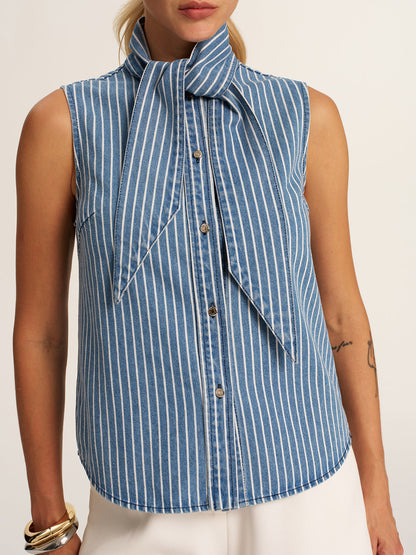 Striped Tie Neck Sleeveless Denim Blouse