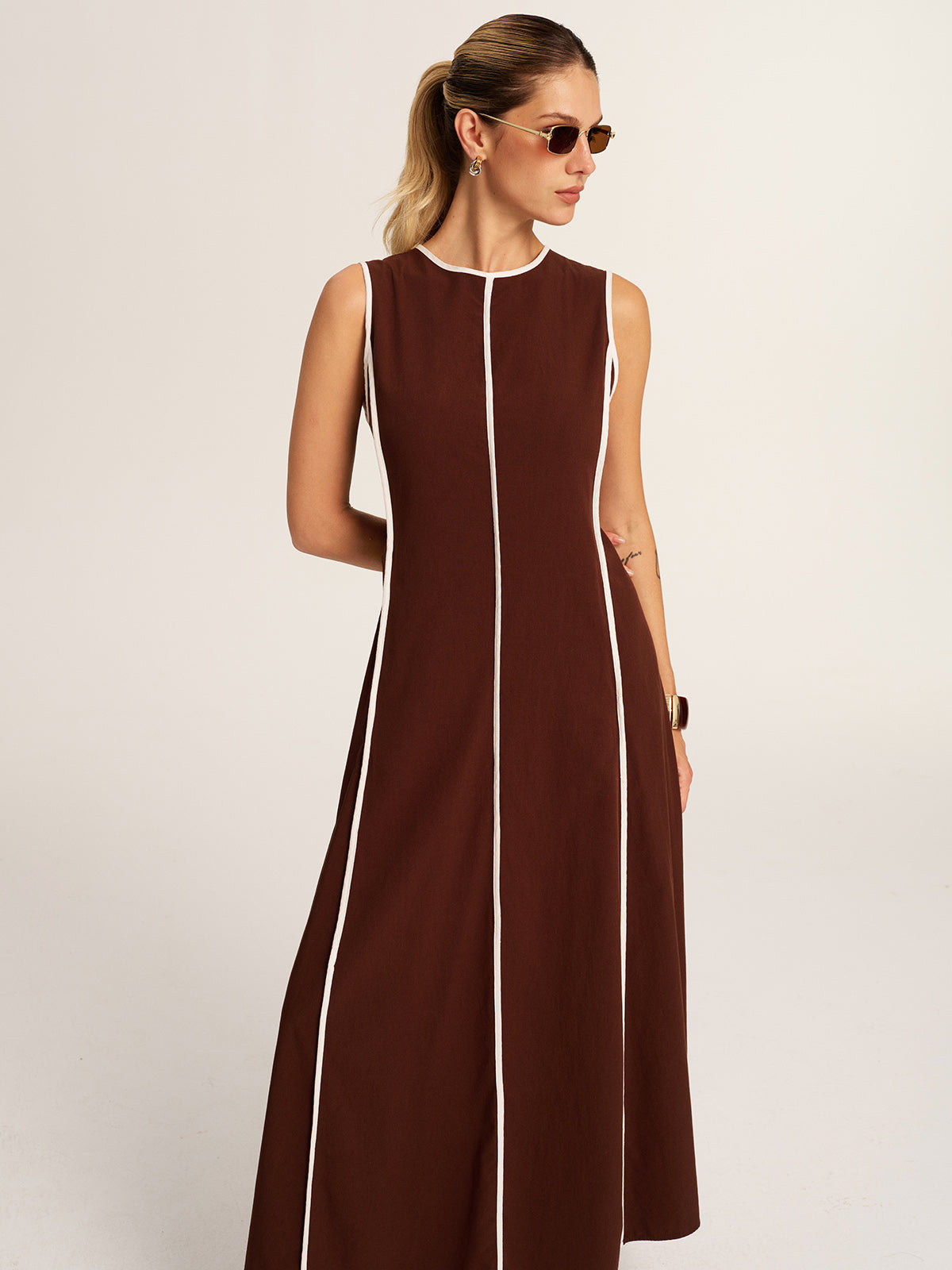 Contrast Piping A-Line Maxi Dress