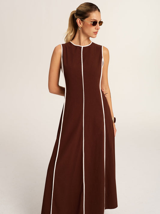 Contrast Piping A-Line Maxi Dress