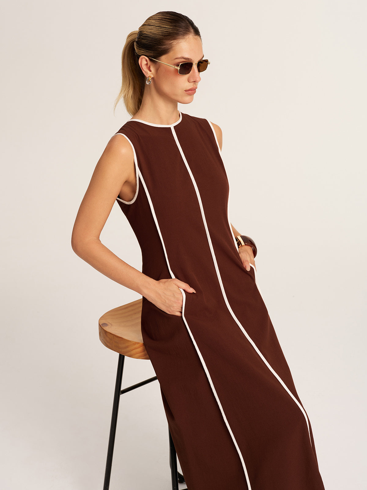 Contrast Piping A-Line Maxi Dress