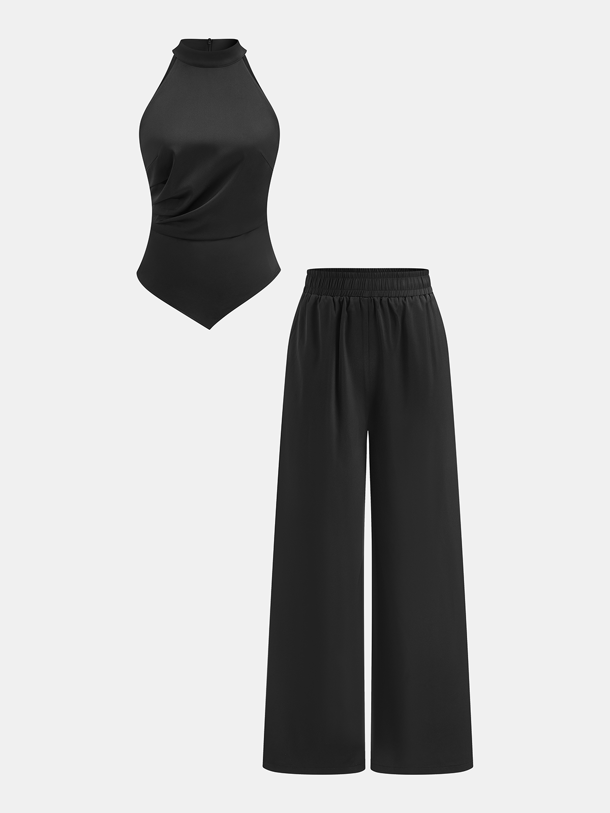 Ruched Satin Top & Elastic Waist Pants Set