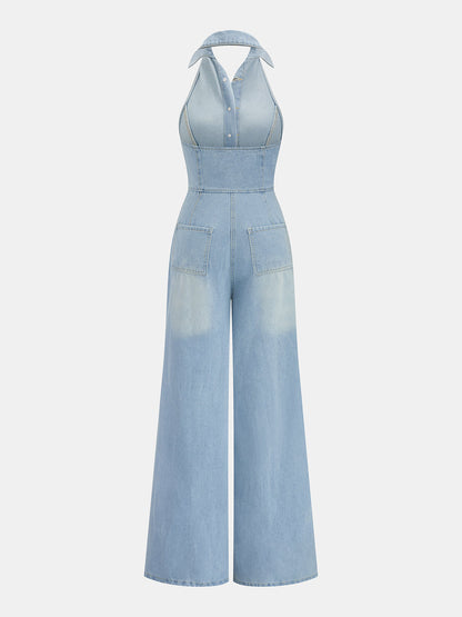 Denim Halter Neck Wide Leg Jumpsuit