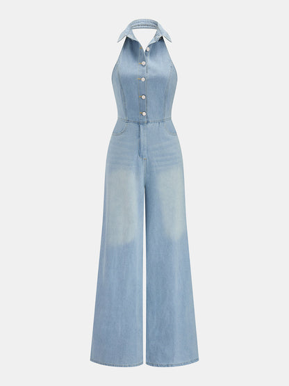 Denim Halter Neck Wide Leg Jumpsuit