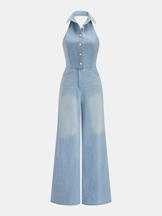 Denim Halter Neck Wide Leg Jumpsuit