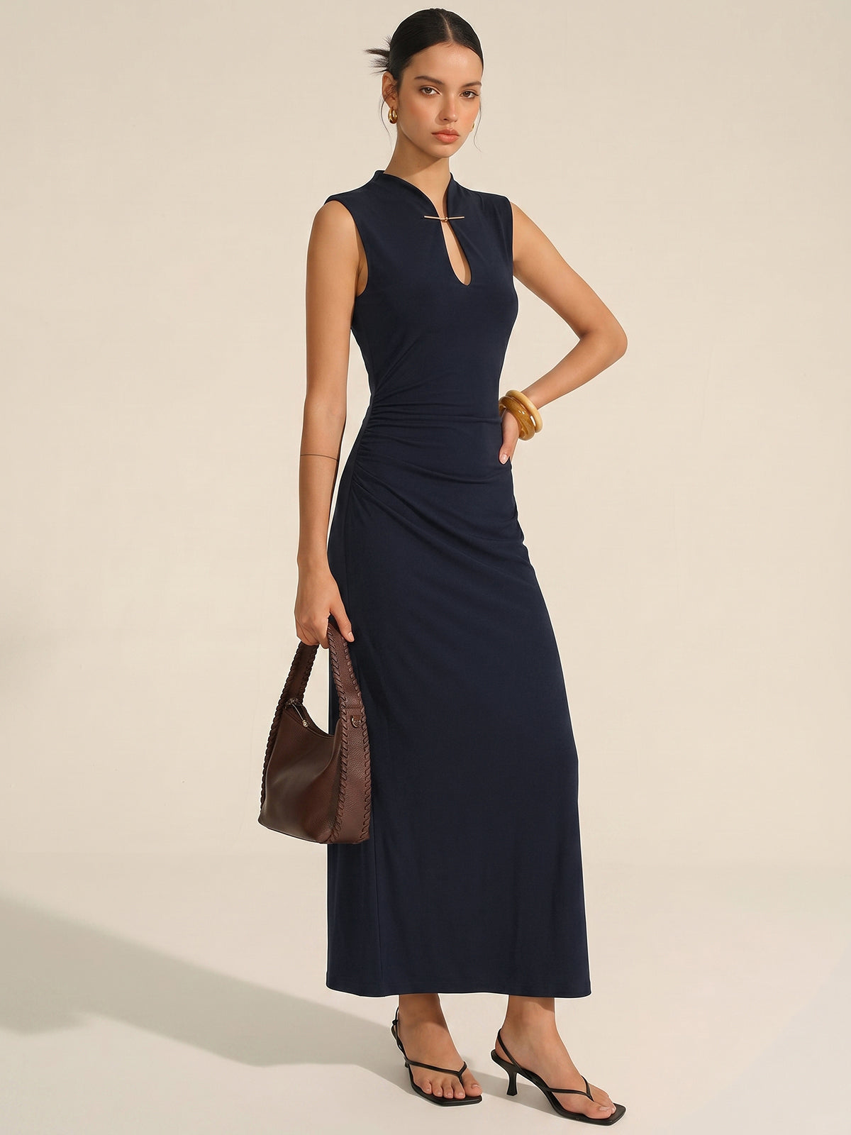 Sleeveless Ruched Keyhole Neck Maxi Dress