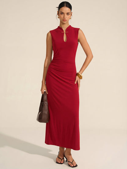 Sleeveless Ruched Keyhole Neck Maxi Dress